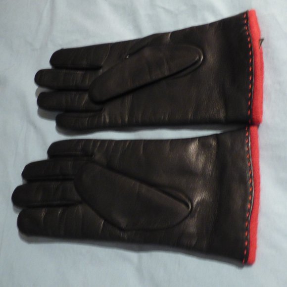 Ralph Lauren Black leather gloves, red trim, M - Picture 3 of 6